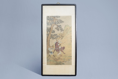 A Chinese 'falcon hunt' painting on paper, 19th/20th C.